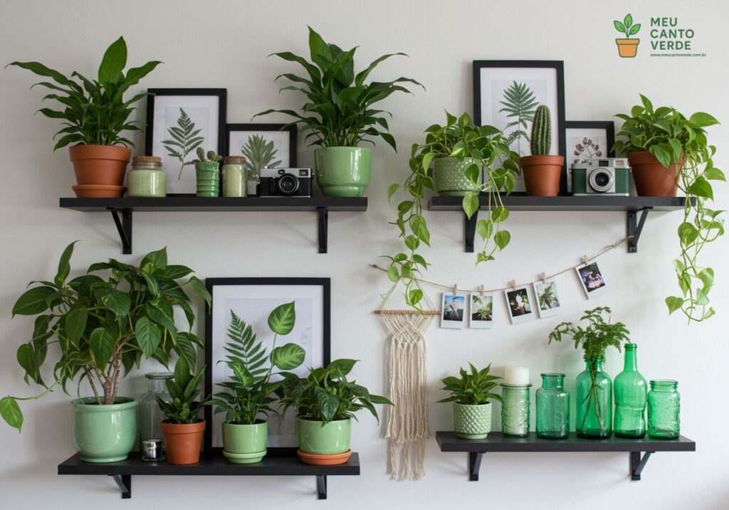 Prateleira preta em uma parede clara, decorada com uma variedade de plantas de interior fáceis de cuidar, como Jiboia e Clorofito, em vasos de cores diferentes.