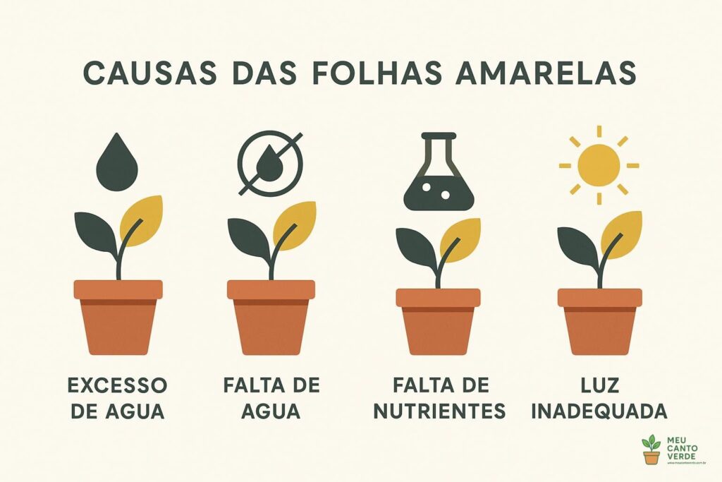 Infográfico mostrando as 4 principais causas de folhas amarelas em plantas: excesso de água, falta de água, falta de nutrientes e luz inadequada.