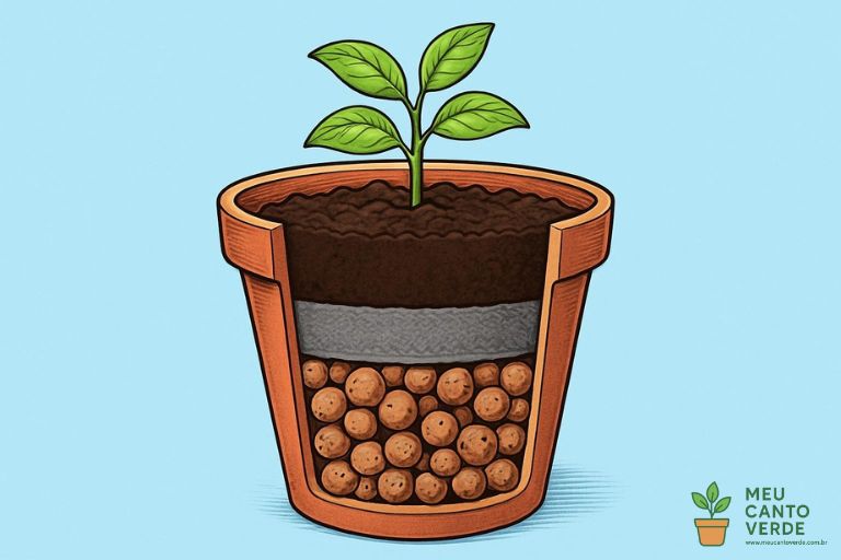 Infográfico mostrando as camadas de drenagem de um vaso de planta: camada drenante com argila expandida, camada de proteção com manta bidim e o substrato.