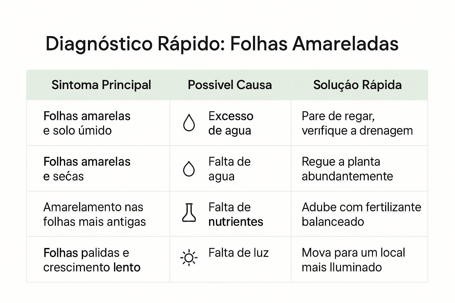 Infográfico mostrando as 4 principais causas de folhas amarelas em plantas: excesso de água, falta de água, falta de nutrientes e luz inadequada.