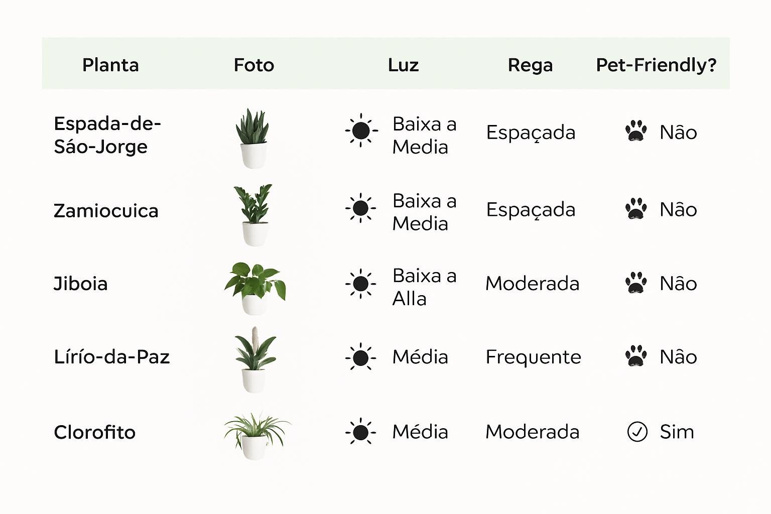 Tabela comparativa de plantas de interior para iniciantes, com informações de luz, rega e segurança para pets.