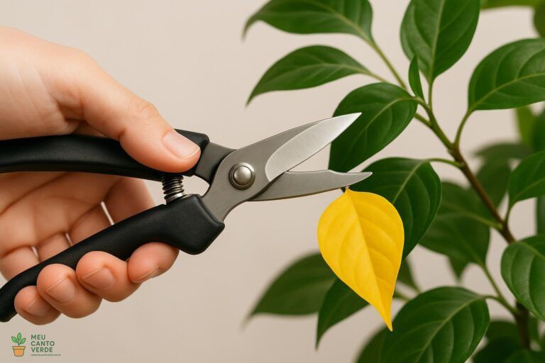 Close-up de uma tesoura de poda cortando cuidadosamente uma folha amarela de uma planta de interior para ajudar em sua recuperação.