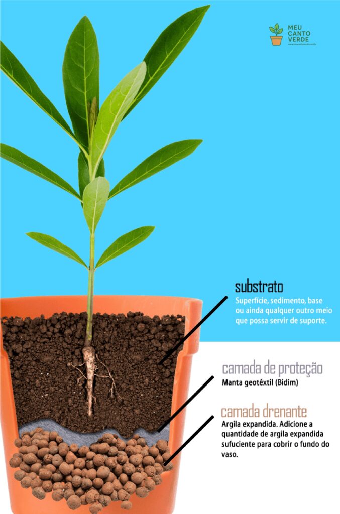 Diagrama mostrando as camadas corretas para a drenagem de um vaso de planta, incluindo argila expandida, manta de proteção e substrato.
