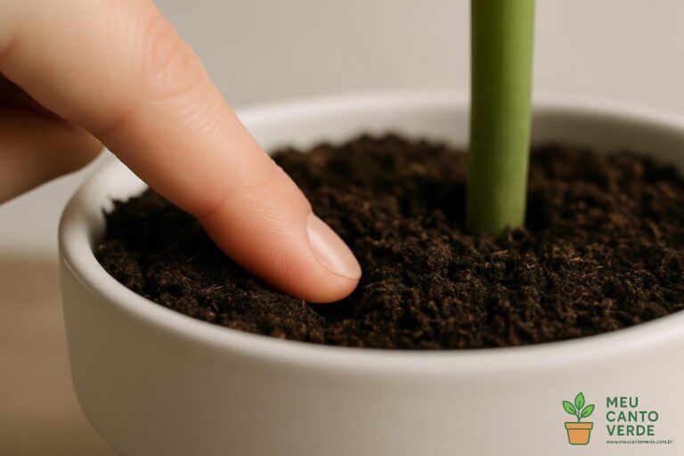 Mão de uma pessoa inserindo o dedo indicador no solo de um vaso para verificar a umidade da planta antes de regar.
