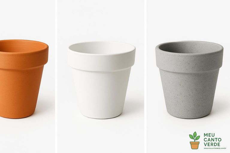 Infográfico comparando os prós e contras de vasos de cerâmica, plástico e cimento para plantas de interior.