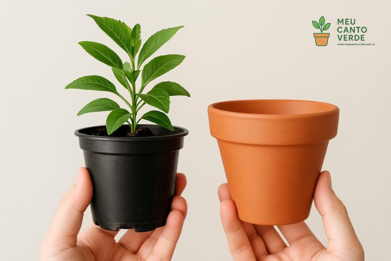 Comparativo de tamanho de vaso mostrando uma muda de planta em seu pote original ao lado de um vaso de terracota um pouco maior, ideal para o transplante.
